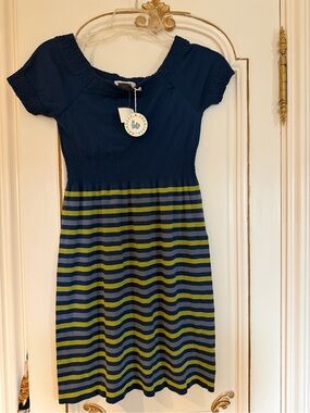 Navy Blue & Olive Striped Short-Sleeve Knit Dress
